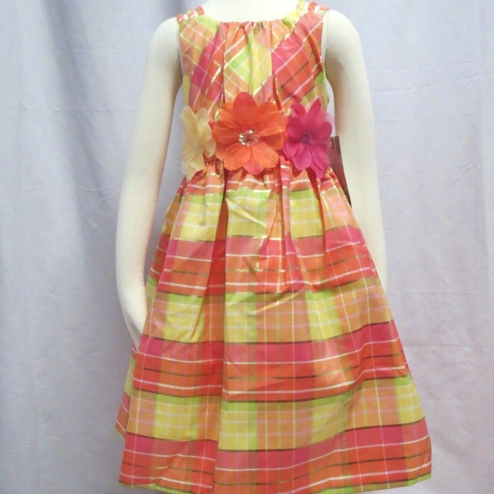 Bonnie Jean Girls Plaid Flower Applique Formal Dress Size 4T Coral Party Spring